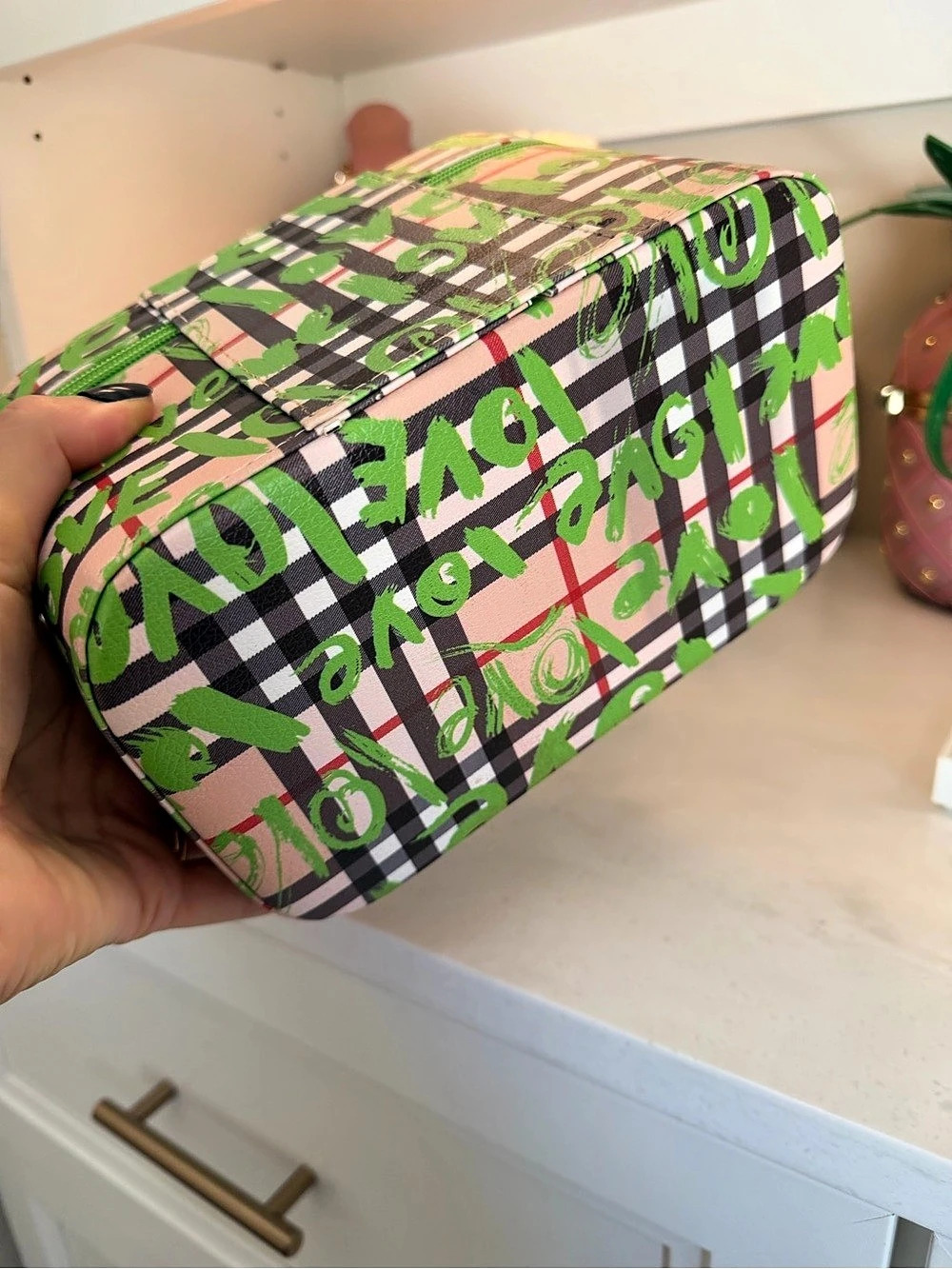 Graffiti Plaid Train Case Cosmetic Case in Green and checkered plaid NEW FRESH! - Picture 14 of 16